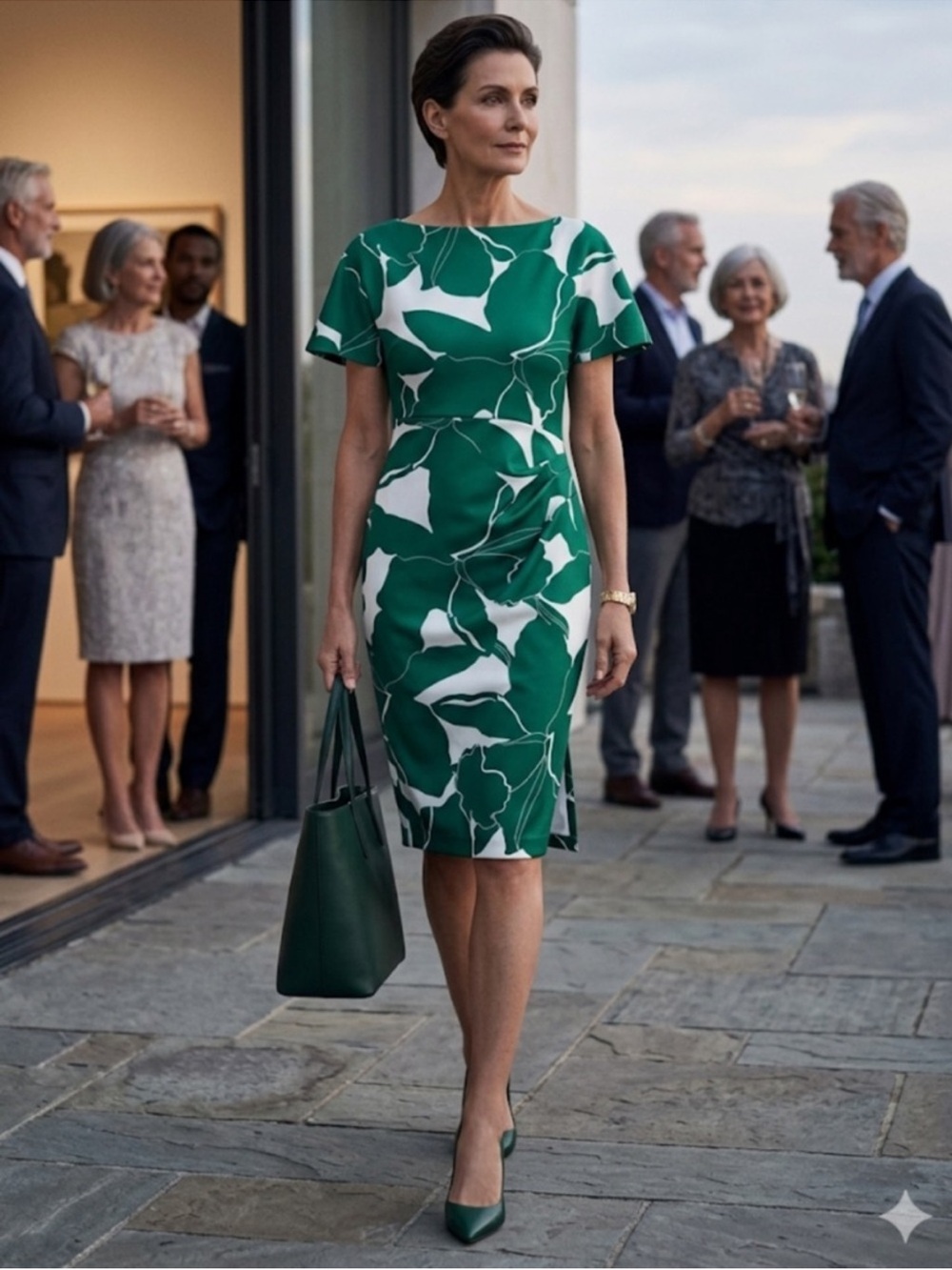 DONNA KARAN NEW YORK Green & White Abstract Floral Print Dress Size 10